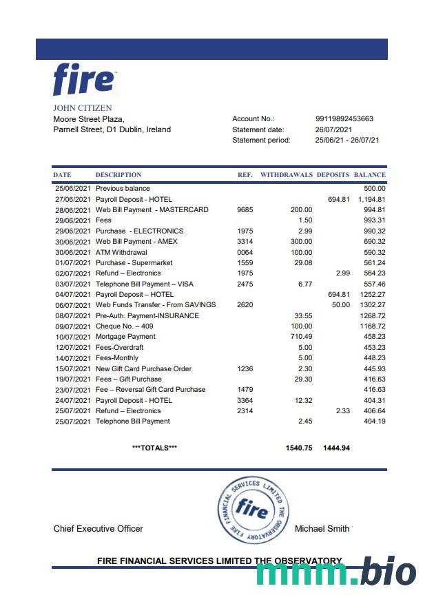 Irlandia Citibank wyciąg bankowy Word i PDF szablon